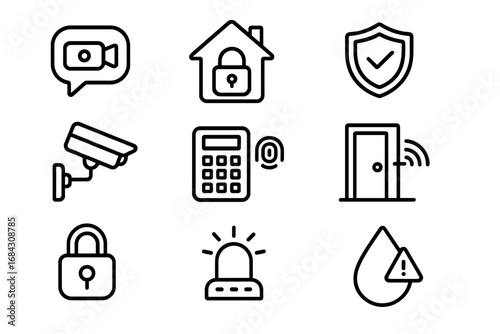Home security and smart house technology outline icon set. Vector symbols for safety, protection, automation, and control. CCTV, alarm, lock, sensor, and intercom icons.