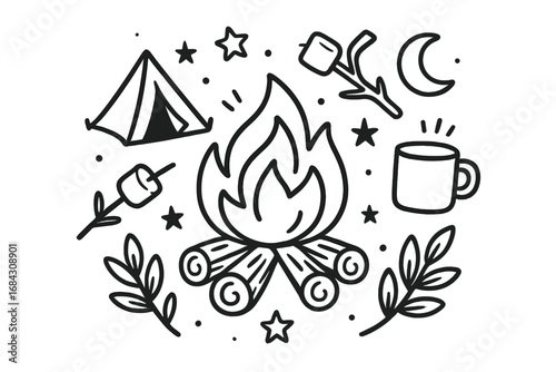 Cozy bonfire doodle with camping elements. Campfire, tent, marshmallow, and stars. Outdoor adventure, travel, and leisure concept. Vector cartoon line art illustration set.