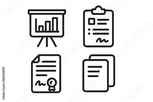 Business documents line icon set. Presentation board with chart, clipboard with form, signed contract with seal, paper files. Vector icons for web, app, and print design.