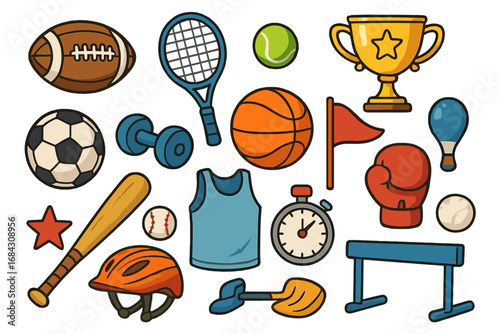 Big set of cartoon sport equipment icons. Collection of game gear for football, baseball, basketball, tennis, boxing. Fitness dumbbell, trophy cup. Vector doodle illustration.