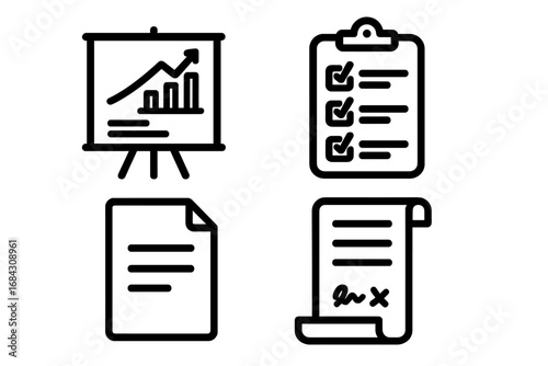 Business documents line icon set. Vector collection includes presentation with growth chart, checklist on clipboard, report file, and signed contract. Office and finance symbols.