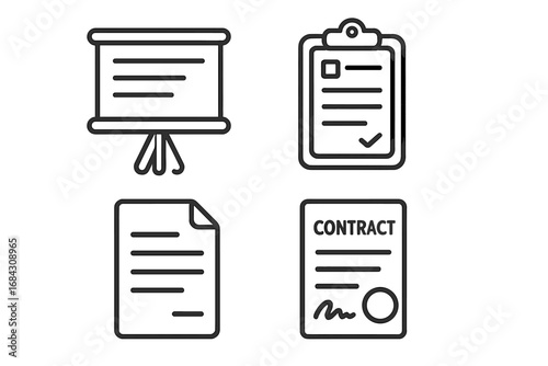 Business documents line icon set. Vector collection with presentation board, clipboard checklist, report form, and signed contract agreement. Office paperwork outline symbols.