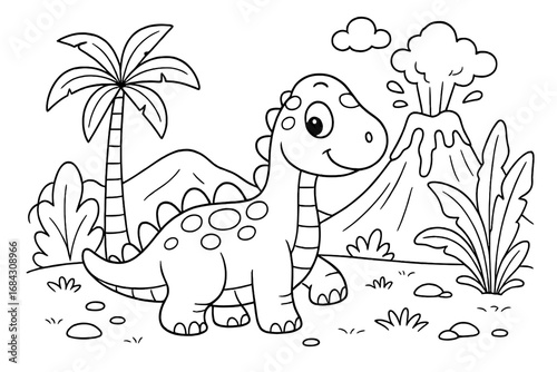 Cute dinosaur coloring page with volcano and prehistoric landscape. Vector cartoon illustration for children's activity book. Black and white outline dino drawing for kids.