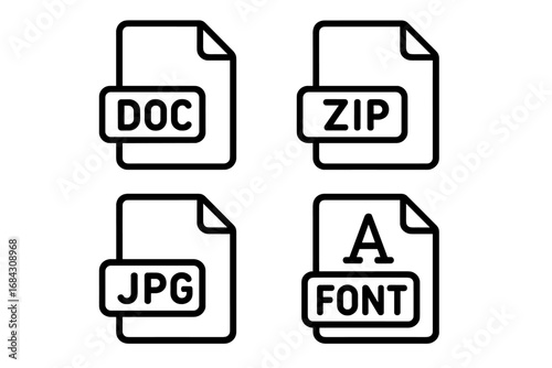 File format outline icon set. Document, zip, jpg, and font file type collection. Vector line art illustration for web design, digital data, and user interface. UI UX symbol pack.