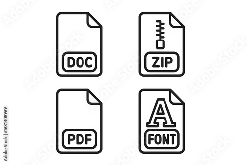 File format outline icon set. Document, zip, pdf, and font file type icons for digital use. Vector line art illustration collection for web, app, and user interface design.