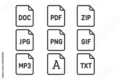 File format outline icon set. Linear document icons for digital use and web design. Includes doc, pdf, zip, jpg, png, gif, mp3, font, txt. Vector UI UX elements.