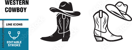Cowboy boots and hat line art vector illustration western fashion footwear and headwear in outline style country style clothing and accessories for rodeo or farm