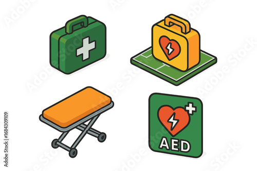 Sports medical safety isometric icon set. Football field first aid kit, AED automated external defibrillator, and emergency stretcher vector cartoon flat illustration collection.