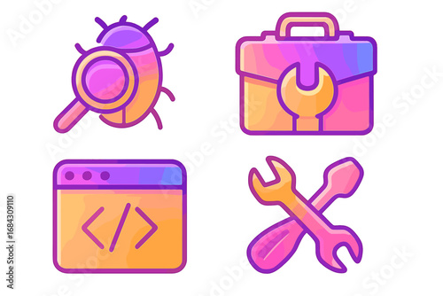 Software development icon set. Bug fixing, coding, programming tools. Vector gradient icons for web development, maintenance, repair. Debugging, quality assurance, code analysis.
