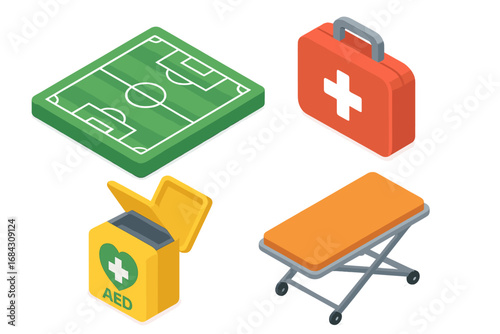 Football field safety medical icons isometric set. Soccer pitch, first aid kit, AED defibrillator, and stretcher for emergency care. Sports medicine vector illustration.