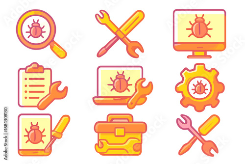 Set of bug fixing icons. Vector illustration for software development, debugging, and quality assurance. Symbols for error detection, code repair, and technical support.