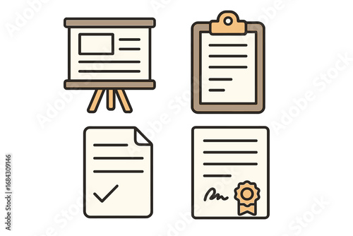 Business documents and office work icon set. Vector concepts for presentation, contract, agreement, report, and checklist. Clipboard, certificate, and paperwork symbols.