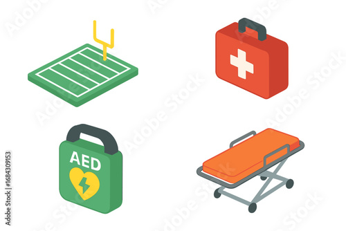 Football field safety and medical emergency icon set. Isometric vector graphics of a first aid kit, AED defibrillator, and stretcher for sports injury and healthcare needs.