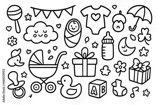 Baby shower doodle icon set. Cute hand-drawn newborn cartoon elements. Vector line art illustration collection for birth, kids, and childhood. Isolated outline graphic symbols.