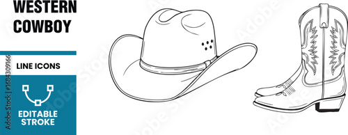 Western cowboy vector line icons set editable stroke weight pixel perfect the set contains icons such as cowboy boot, cowboy hat, western wear
