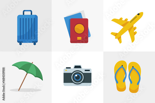 Travel essentials icon pack, suitcase passport airplane camera umbrella flip flops, beach holiday, vacation packing checklist, travel graphics