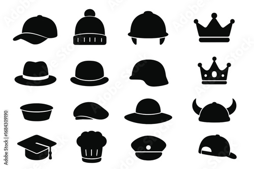 Hat silhouette icon set. Headwear collection for various professions and roles. Vector graphic elements for character design. Cap, helmet, crown, fedora, chef and graduate hats.