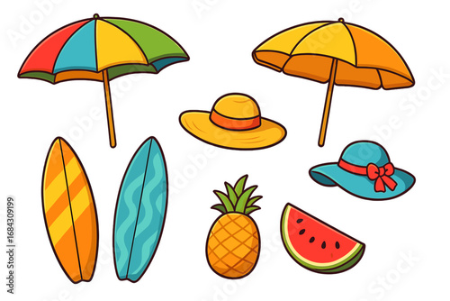 Summer beach vacation icon set with colorful cartoon elements. Vector illustration of surfboards, sun umbrellas, tropical fruits like pineapple and watermelon, and sun hats.