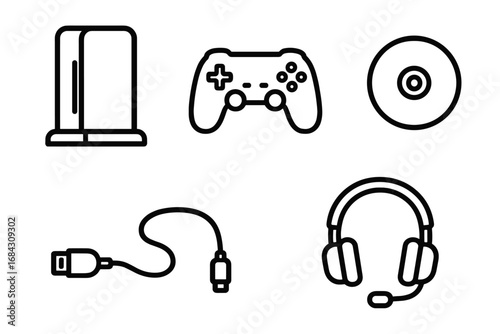 Gaming icon set. Outline vector symbols of video game console and accessories. Includes controller, joypad, headset with mic, game disc, and cable. Minimalist line art pictograms.