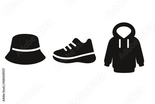 Gen Z fashion trends vector icon set. Streetwear essentials: bucket hat, chunky sneakers, oversized hoodie. Millennial urban style solid glyphs. Youth apparel concept.