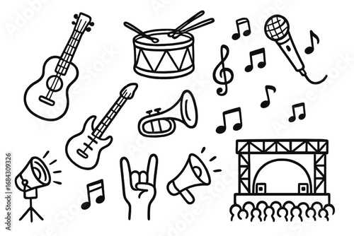 Concert music festival icon set. Hand-drawn doodles of instruments like guitar, drum, and microphone. Vector cartoon illustration of rock band elements, stage, and live show icons.