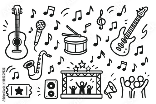 Concert elements hand-drawn doodle set. Live music festival vector icons. Cartoon illustration of musical instruments, stage, ticket, guitar, drum, mic for rock or pop show.