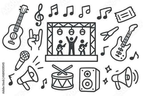 Concert music festival icon set. Hand drawn doodle collection. Rock band on stage, electric guitar, microphone, drum, speaker. Vector line art illustration for live show elements.