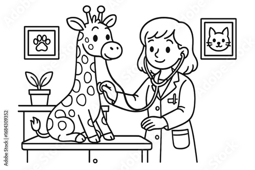 Veterinarian character examines a cute giraffe. Female vet doctor with stethoscope doing medical checkup on a cartoon animal patient in a clinic. Line art vector for coloring page.