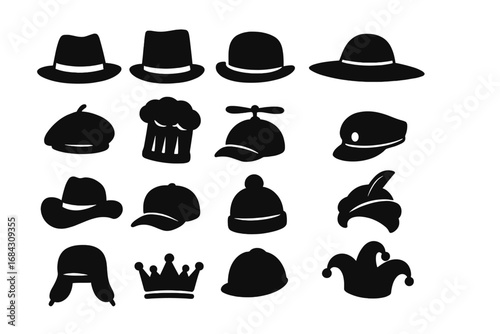 Headwear silhouette vector icon set. Collection of hats and caps. Includes fedora, beanie, crown, chef, cowboy, jester, and hard hat. Classic fashion costume accessories.
