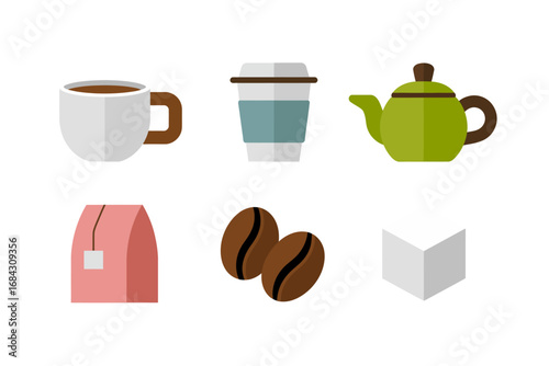 Coffee shop vector illustrations, coffee mug takeaway cup coffee beans bag sugar cube, cafe elements, warm beverage icons