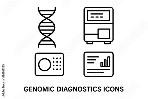 Genomic diagnostics outline icon set. Gene sequencing, DNA helix, gene chip, and data analysis vector icons. Genetics research, bioinformatics, and laboratory concepts.