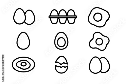 Egg line icon pack vector set. Breakfast food symbols collection. Fried egg, boiled egg, broken shell, carton. Outline pictogram for web, app, menu design. Healthy eating concept.