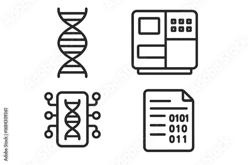 Genomic diagnostics icons. Outline icon set of genomic sequencing, DNA helix, sequencing machine, gene chip, and bioinformatics data. Vector illustration for science and medicine.