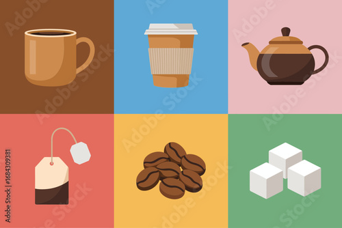 Tea coffee icon set, teacup teapot mug tea bag beans sugar cubes, cafe beverage break, warm drink graphics
