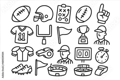 American football doodle icon set. Hand-drawn vector cartoon elements for sports events. Game day essentials like helmet, ball, trophy, and stadium for championship design.