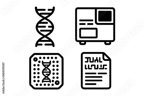 Genomic diagnostics outline icon set. Gene technology and DNA sequencing concepts. Vector icons of a DNA helix, sequencer machine, gene chip, and genetic data results.