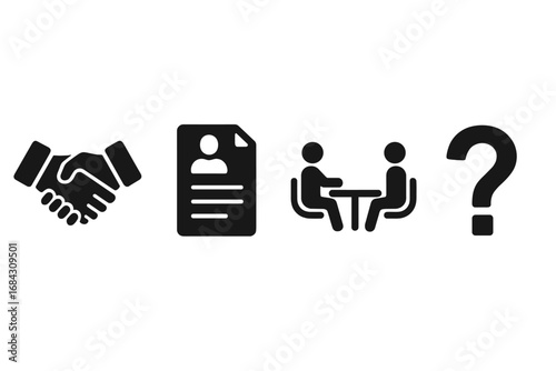 Business icons for hiring process. Recruitment concept with handshake for agreement, cv resume, job interview and question mark. Human resources vector silhouette symbol set.