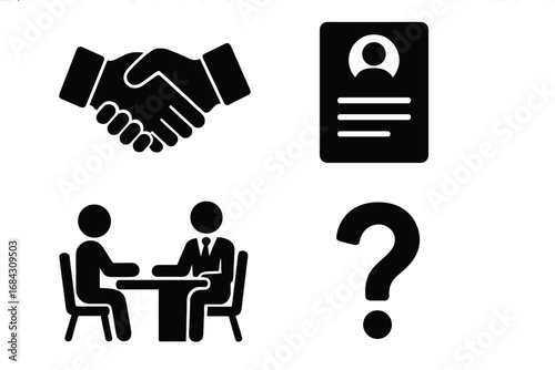 Business icons set for human resources, recruitment and hiring process. Vector silhouettes of handshake agreement, cv resume, job interview, and question mark for support concepts.