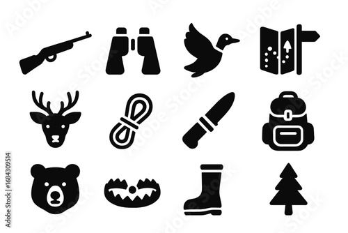 Hunting and wildlife solid icon set. Outdoor adventure and nature exploration vector pictograms. Collection of glyphs for hunting gear, forest animals, and camping equipment.