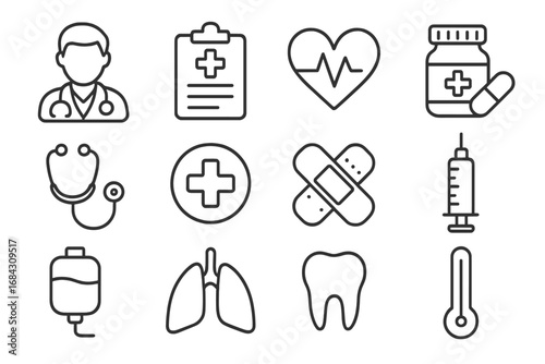 Medical and health linear icon set. Healthcare and medicine line collection. Vector cartoon illustration with doctor, heart, syringe, pills, tooth, and first aid symbols.