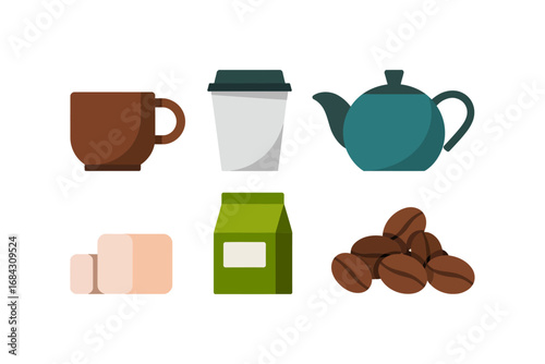 Tea and coffee packaging icons, mug takeaway teapot coffee bag carton, sugar cube and creamer, cafe supply graphics