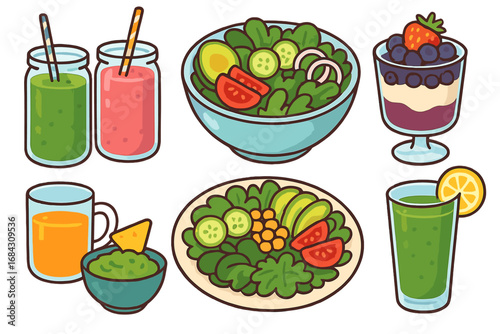 Set of healthy food vector cartoon icons. Fresh green salad, fruit smoothie, juice, parfait, guacamole. Concept for vegan diet, clean eating, wellness, organic nutrition.