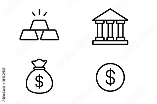 Finance banking money thin line icon set. Vector symbols for bank, gold bars, investment, wealth, currency, savings. Business and economic concept. Editable stroke vector icons.