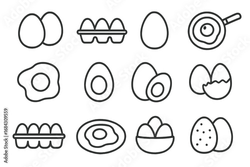 Egg line icon collection. Food symbols for menu, web, apps. Vector linear images of fried, boiled, fresh farm eggs in carton. Breakfast, cooking, protein, healthy food concept.