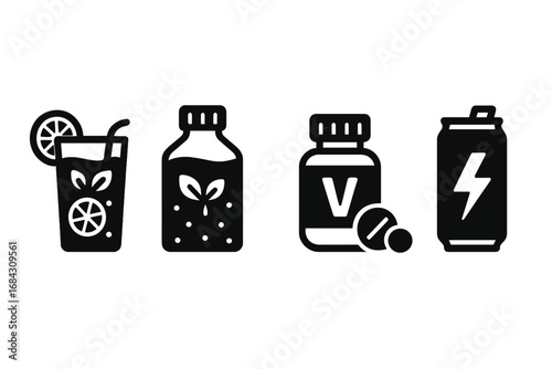 Health and wellness drink solid glyph icon set. Detox water, green juice, vitamin supplements, energy boost. Healthy lifestyle beverage and nutrition symbols. Vector icons.
