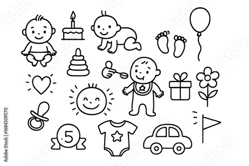First year baby milestones doodle icon set. Hand drawn infant development celebration. Early childhood newborn vector illustration. Cute cartoon outline graphic for baby shower.