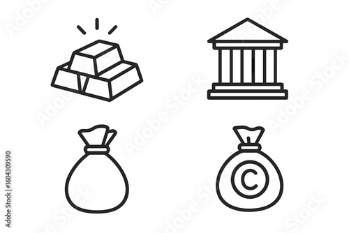 Gold bar, bank building, money bag financial thin line icon set. Vector symbols for business, investment, economy, wealth, profit. Editable stroke graphic for web design.