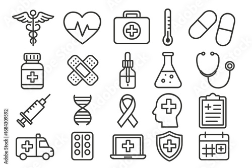 Healthcare and medicine line icon set. Medical, pharmacy, and hospital symbols. Vector collection of thin outline icons like first aid, emergency, caduceus, and dna.