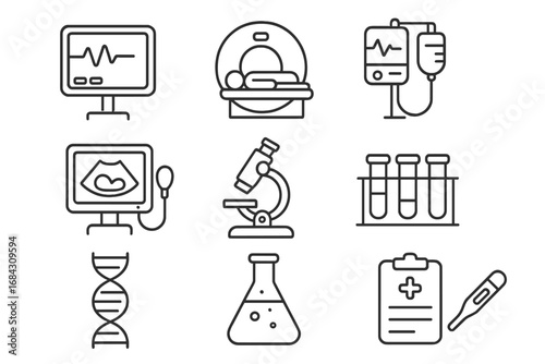 Medical technology line icon set. Healthcare, diagnostics, laboratory vector symbols. Outline icons of MRI, ECG, ultrasound, DNA, microscope, and analysis equipment.