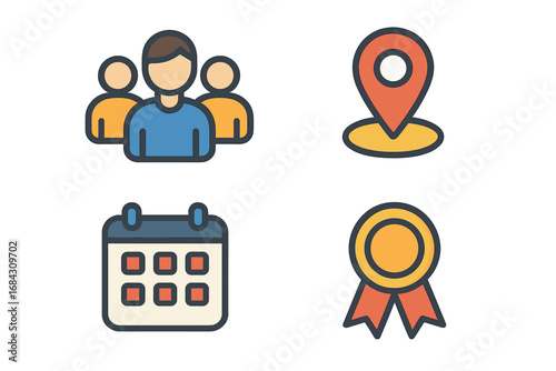 Flat line icon set for business management. Teamwork, group, location pin, calendar schedule, date, success award, and achievement medal. Vector cartoon graphic elements.